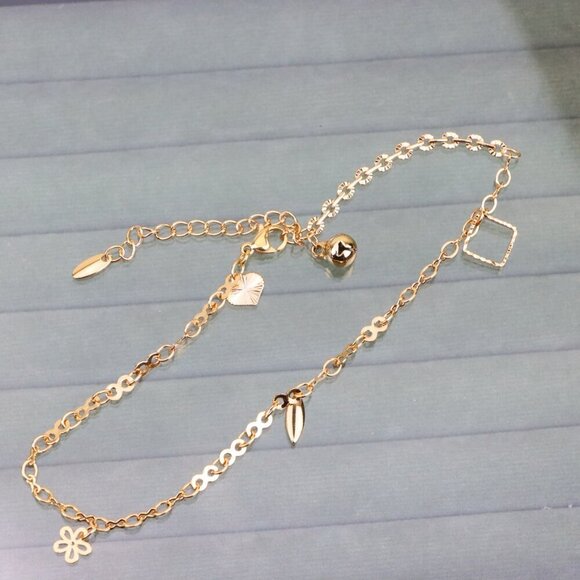 "Rose Gold Charm Anklet with Floral, Leaf & Square Link Accents, XPAL1045 - Picture 11 of 12